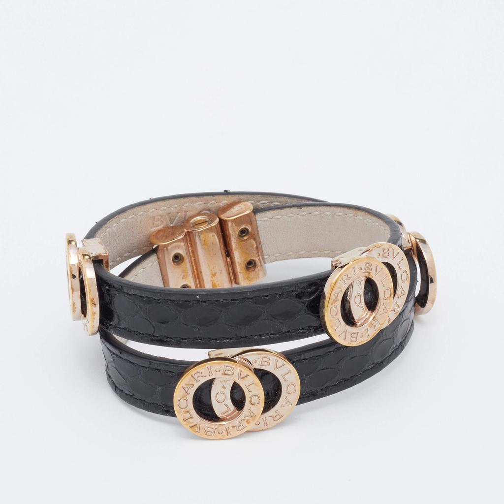 Bvlgari Black Leather Gold Tone Double Coiled Wrap Bracelet商品第2张图片规格展示