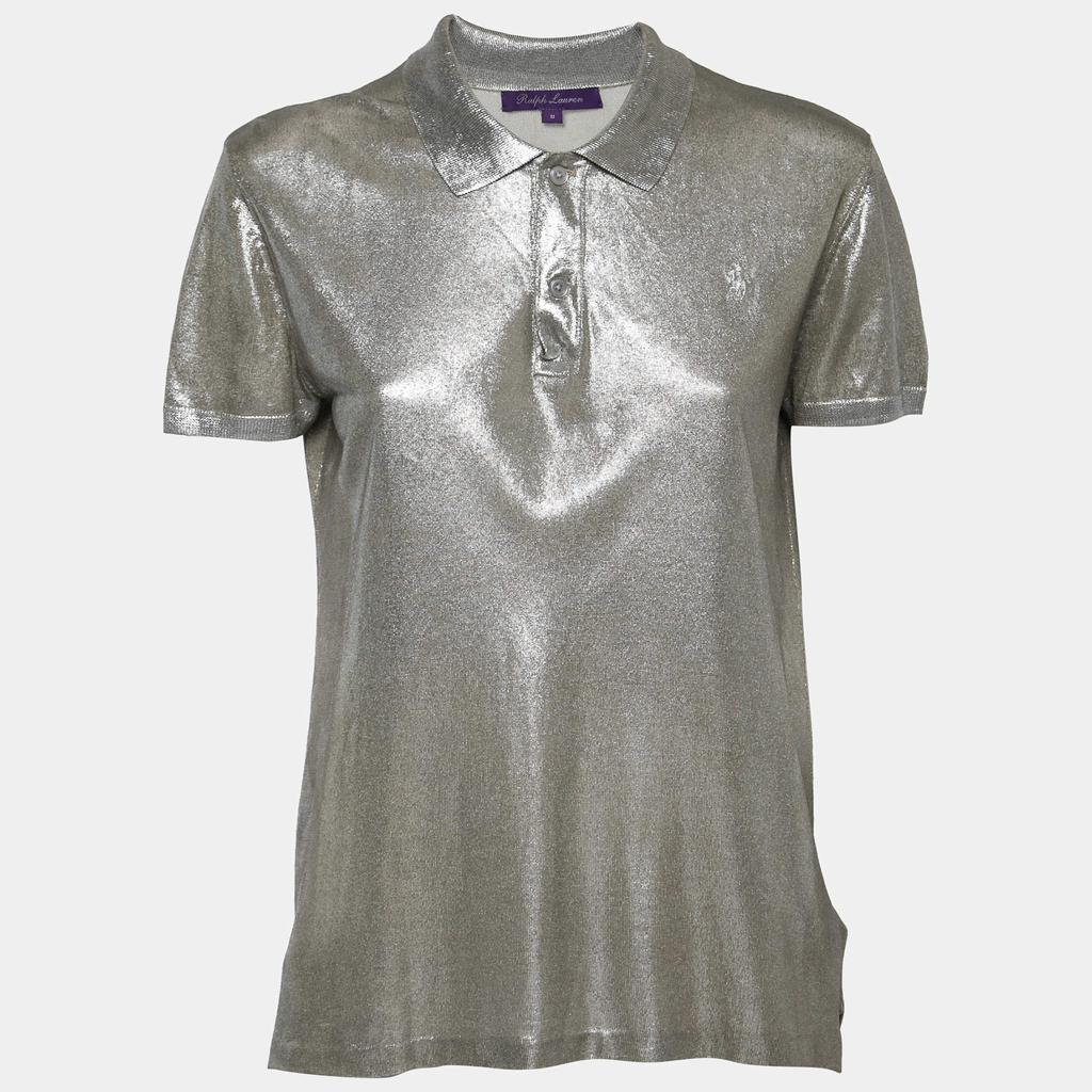 Ralph Lauren Purple Label Silver Metallic Silk-Knit Polo T-Shirt M商品第1张图片规格展示