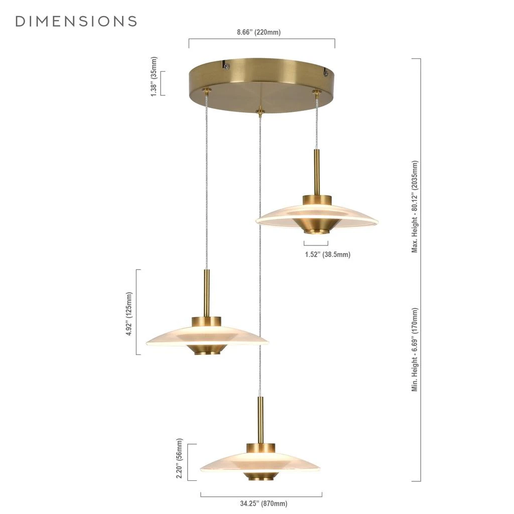 商品VONN Lighting|Ferrara VAP2323AB 16" 3-Light Integrated LED Pendant Lighting Height Adjustable Chandelier in Antique Brass,价格¥2055,第5张图片详细描述