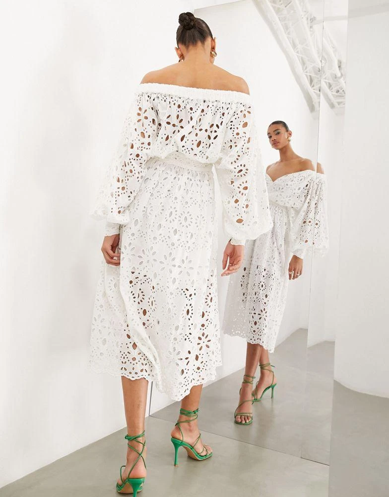商品ASOS|ASOS EDITION off shoulder broderie wrap belted midi dress in white,价格¥620,第4张图片详细描述
