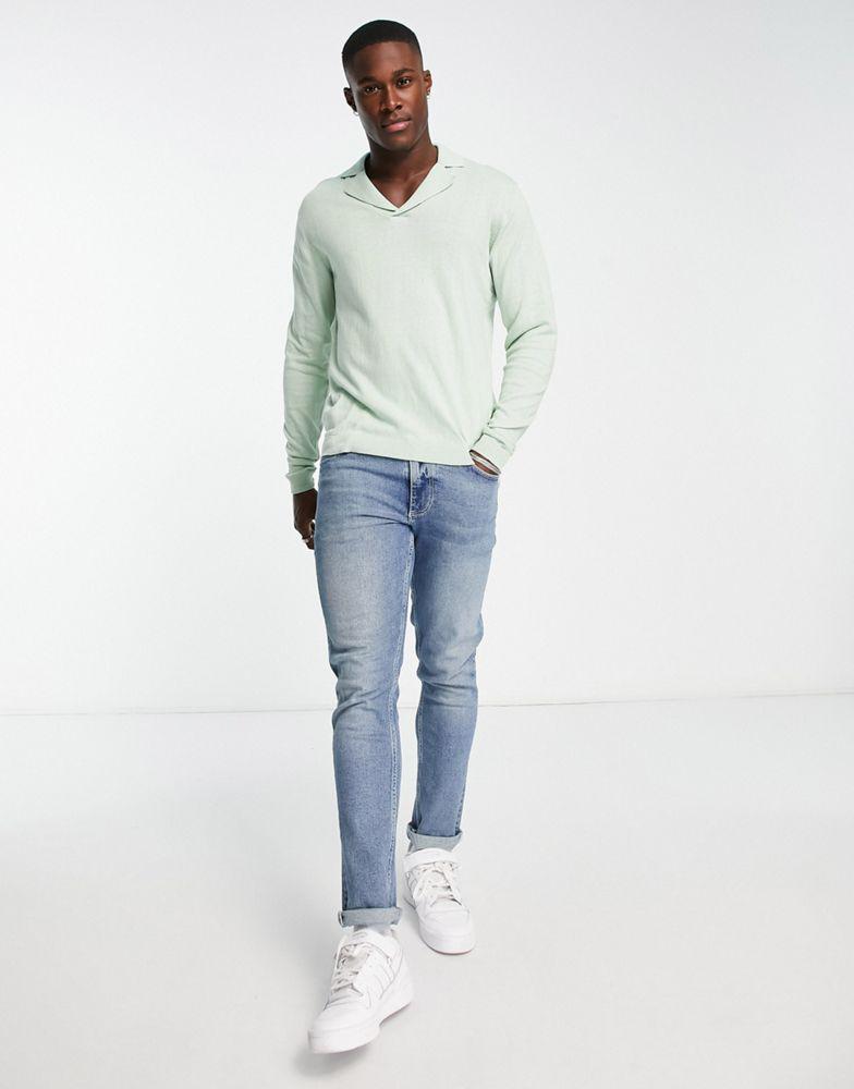 ASOS DESIGN knitted cotton revere polo jumper in mint green商品第4张图片规格展示