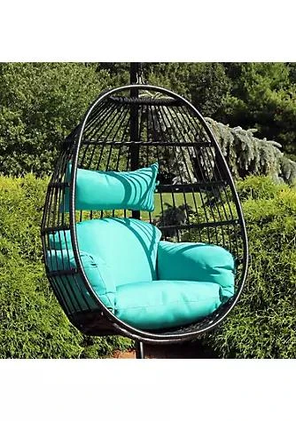 商品Sunnydaze Decor|Decor Black Resin Wicker Hanging Egg Chair With Cushions   Blue,价格¥2604,第1张图片