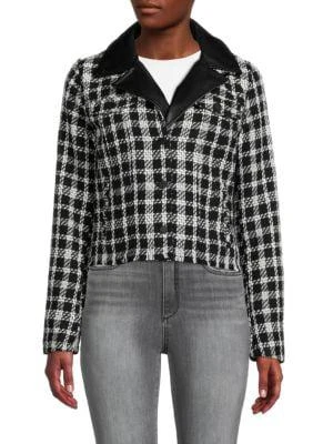 商品Karl Lagerfeld Paris|Faux Leather Collar Tweed Jacket,价格¥237,第1张图片