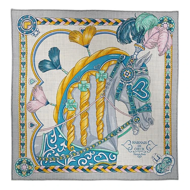 商品[国内直发] Hermes|爱马仕 经典图案印花装饰 桑蚕丝 山羊绒 丝巾 女款 杂灰色,价格¥3555,第1张图片
