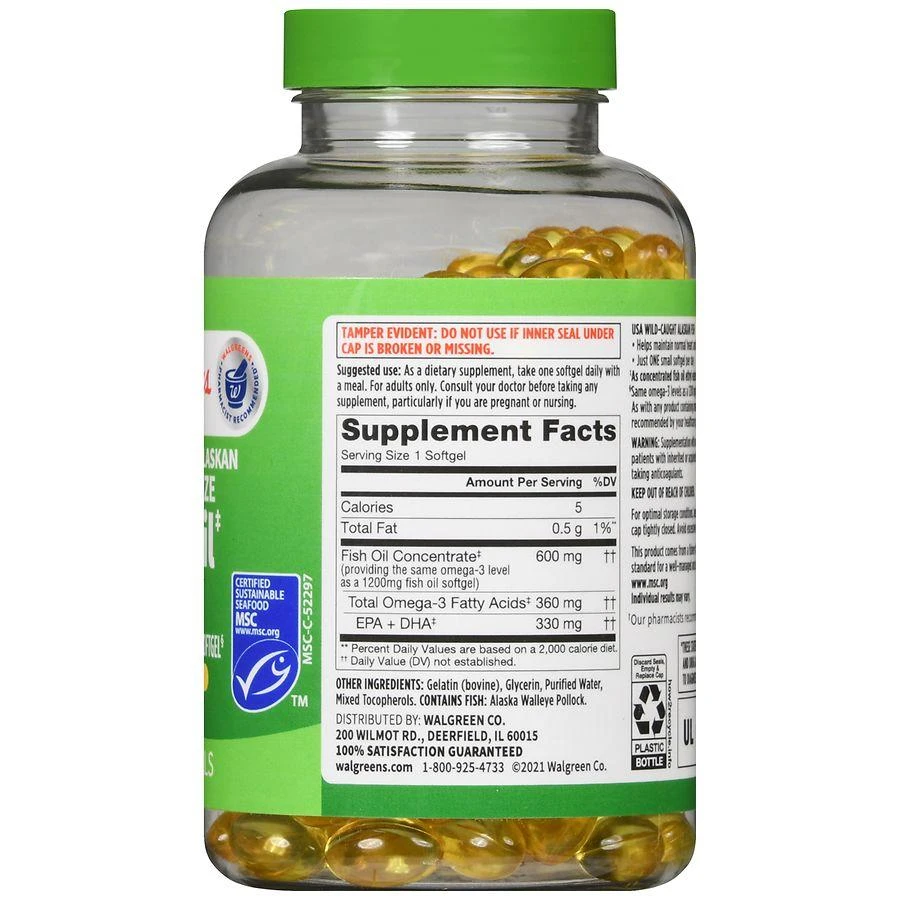 商品Walgreens|Wild Caught Alaskan Half-the-Size Fish Oil with Omega-3 Softgels (200 days),价格¥193,第4张图片详细描述