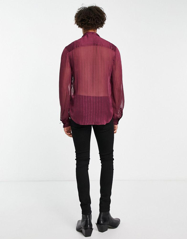 ASOS DESIGN sheer stripe shirt with tie neck and blouson sleeve in aubergine商品第2张图片规格展示