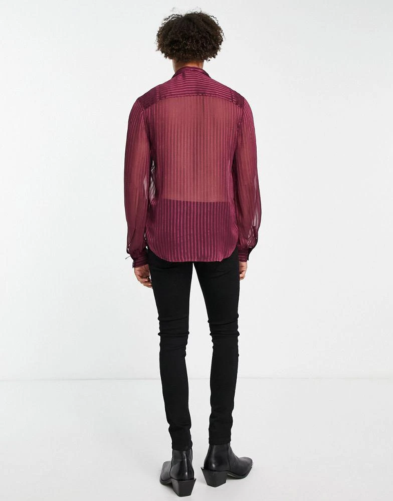 商品ASOS|ASOS DESIGN sheer stripe shirt with tie neck and blouson sleeve in aubergine,价格¥192,第2张图片详细描述