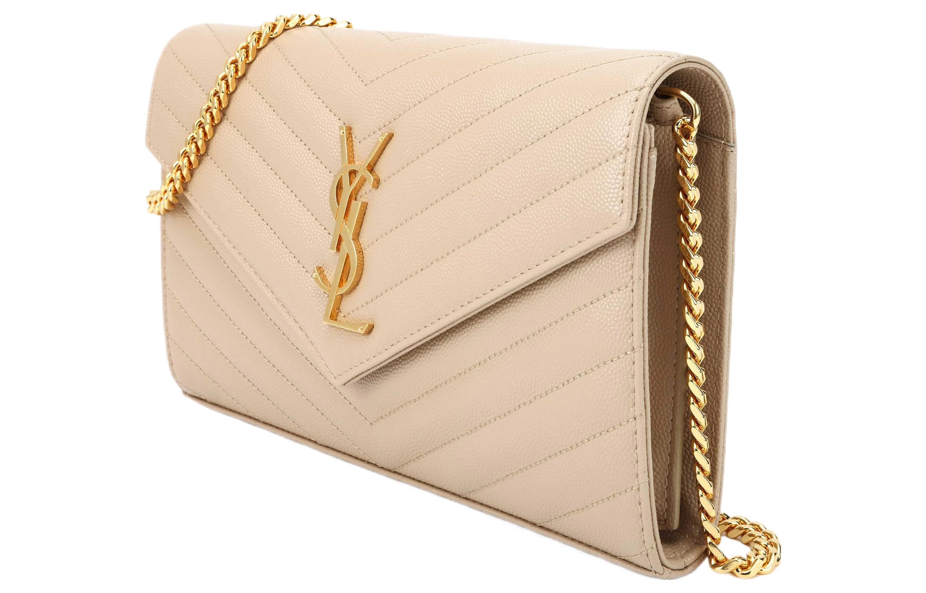 商品[国内直发] Yves Saint Laurent|圣罗兰 YSL Monogram金标Logo绗缝粒面压印链条 皮革 钱包单肩斜挎包 常规 女款 暗米色,价格¥10488,第4张图片详细描述