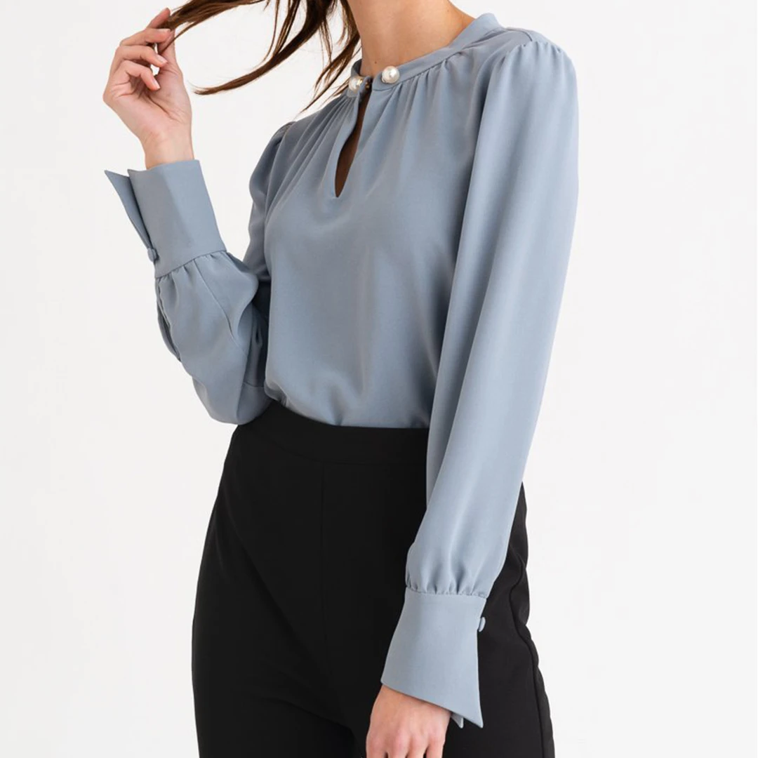 商品[国内直发] Petite Studio NYC|Buvette 珍珠衬衣 - 雾蓝色 | Buvette Blouse - Dusty Blue,价格¥782,第2张图片详细描述