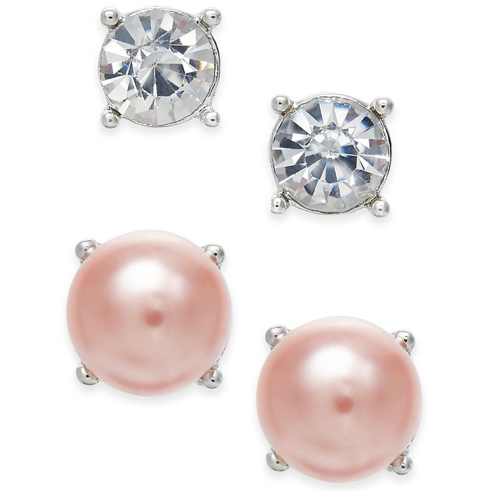 Silver-Tone 2-Pc. Set Crystal & Imitation Pearl Stud Earrings, Created for Macy's商品第1张图片规格展示
