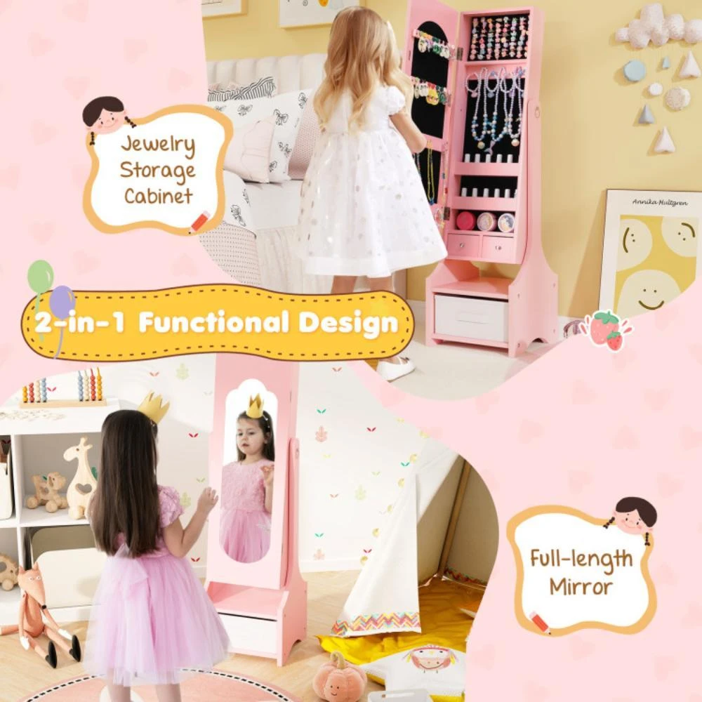 商品Hivvago|Freestanding Kids Jewelry Armoire Cabinet with Storage and 2 Tilt Angles-Pink,价格¥897,第3张图片详细描述