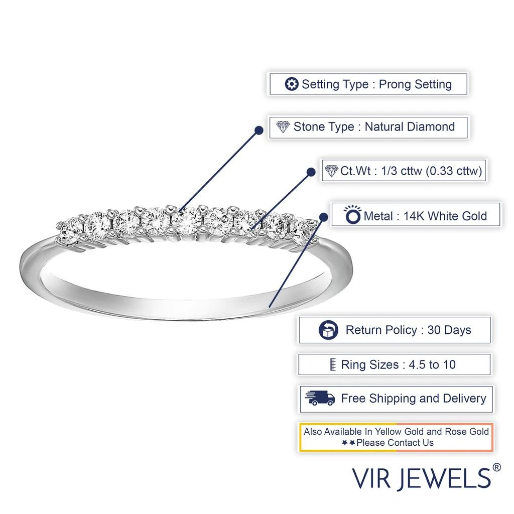 商品Vir Jewels|1/3 cttw Diamond Wedding Band 14K White or Yellow Gold 9 Stones Prong Set Round,价格¥3217,第3张图片详细描述