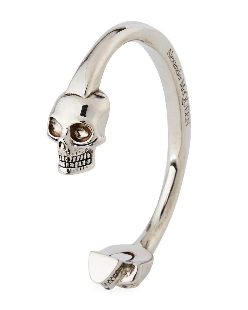 Men's Large Twin-Skull Coated Brass Bracelet, Silver商品第2张图片规格展示
