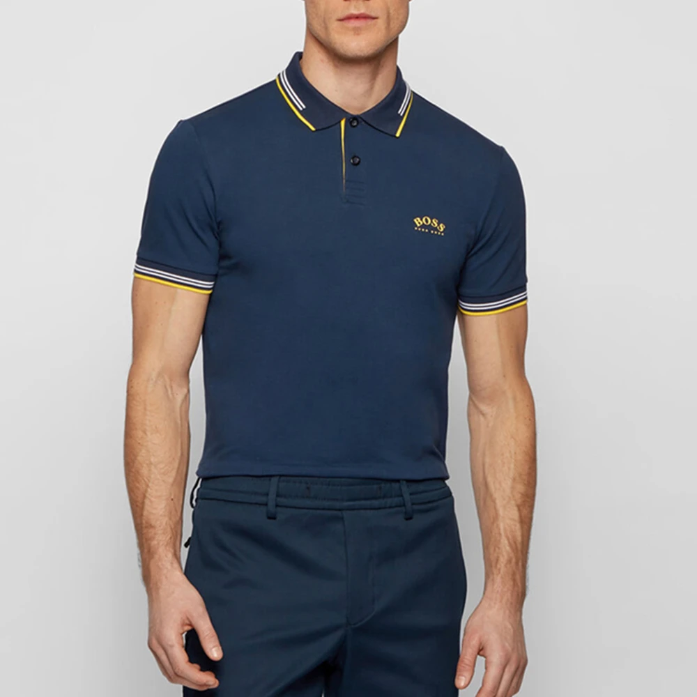 HUGO BOSS 男士海军蓝色弧形徽标弹力珠地修身短袖Polo衫 PAUL-CURVED-50412675-401 商品