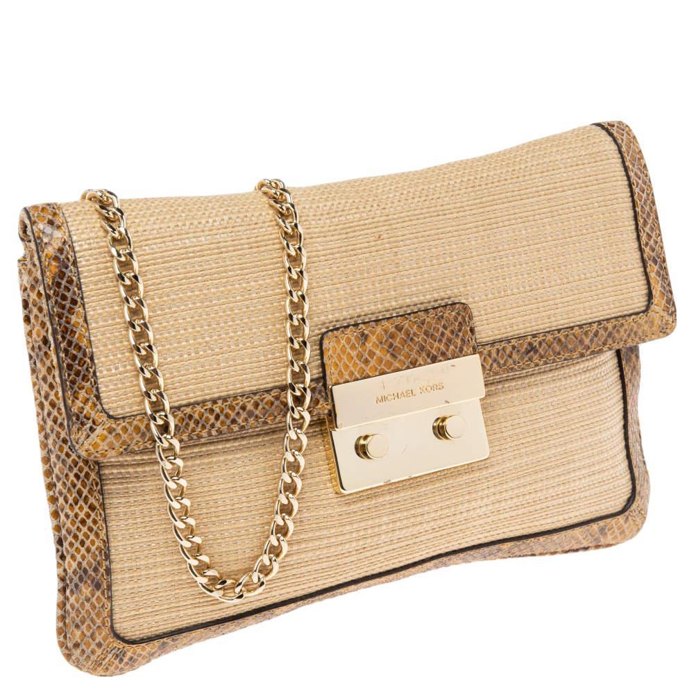 商品[二手商品] Michael Kors|Michael Kors Cream Raffia and Python Embossed Leather Sloan Shoulder Bag,价格¥788,第5张图片详细描述