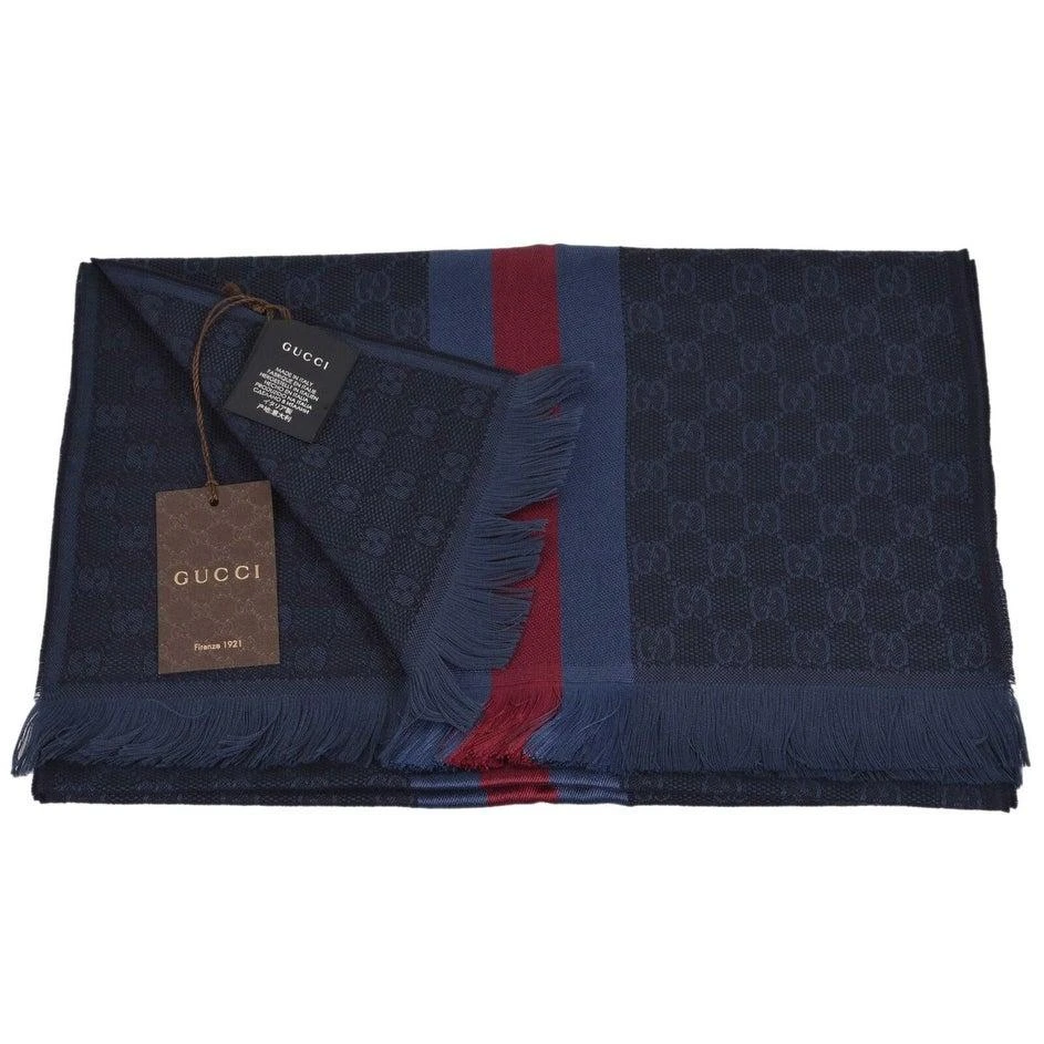 商品Gucci|Gucci 古驰 GG字母条纹羊毛真丝混纺围巾 - 蓝色,价格¥3674,第4张图片详细描述