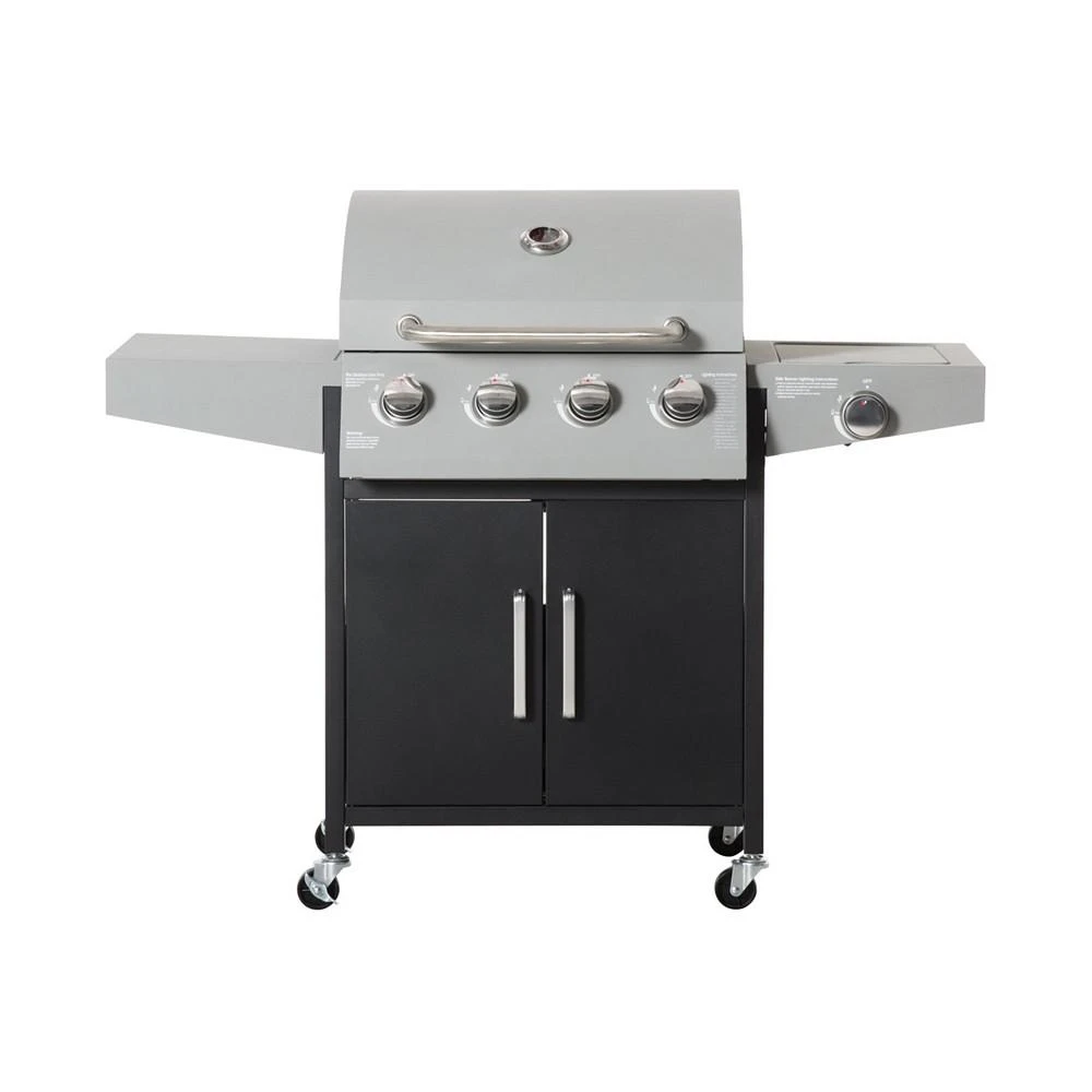 商品Outsunny|4+1 Burner Liquid Propane Gas Grill Outdoor Cabinet Style BBQ Trolley w/ Side Burner, Warming Rack, Side Shelf, Storage Cabinet, Thermometer, 4 Wheels, Carbon Steel, Silver,价格¥2876,第1张图片