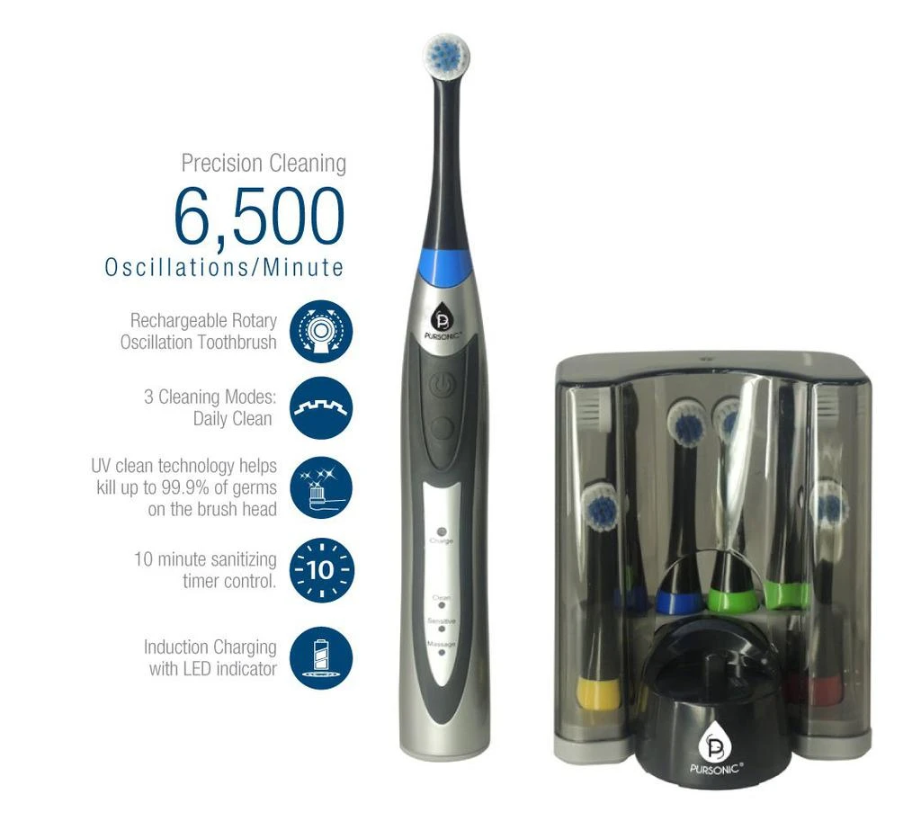 商品PURSONIC|Deluxe Ultra High Powered Rotary Oscillating Rechargeable Electric Toothbrush with Dock Charger & 12 Brush Heads (Value Pack),价格¥370,第2张图片详细描述
