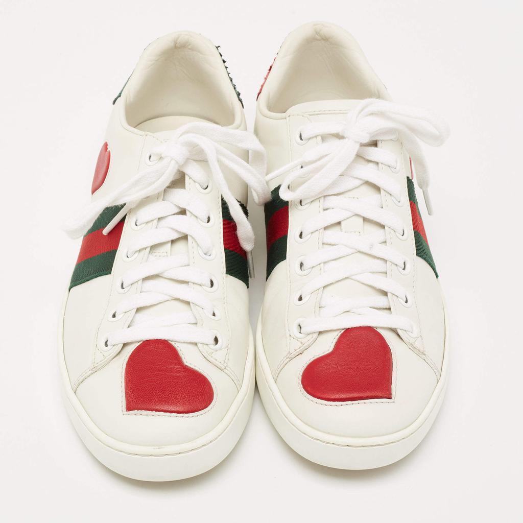 商品[二手商品] Gucci|Gucci White Leather Ace Web Heart Detail Lace Up Low Top Sneaker Size 35.5,价格¥3813,第5张图片详细描述