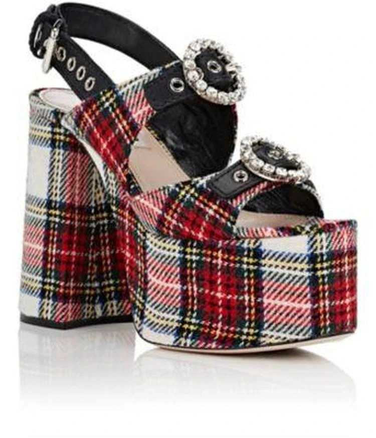 商品Miu Miu|Plaid Flannel & Leather Platform Sandals,价格¥3711,第2张图片详细描述