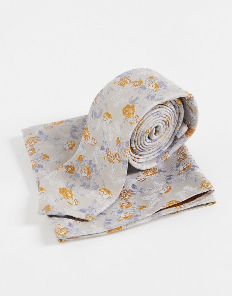 ASOS DESIGN slim tie and pocket square in neutral floral商品第4张图片规格展示