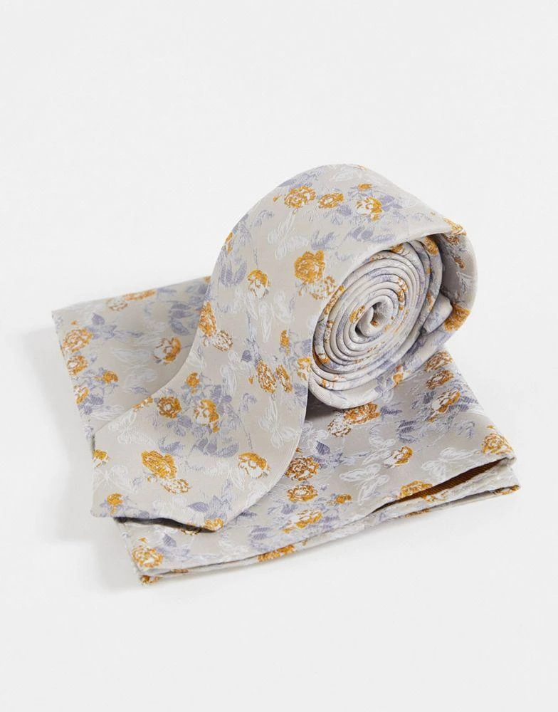 商品ASOS|ASOS DESIGN slim tie and pocket square in neutral floral,价格¥56,第4张图片详细描述