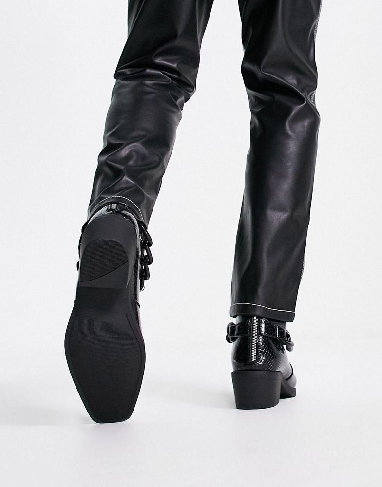 ASOS DESIGN cuban chelsea boot in black patent lizard faux leather with black chain商品第2张图片规格展示