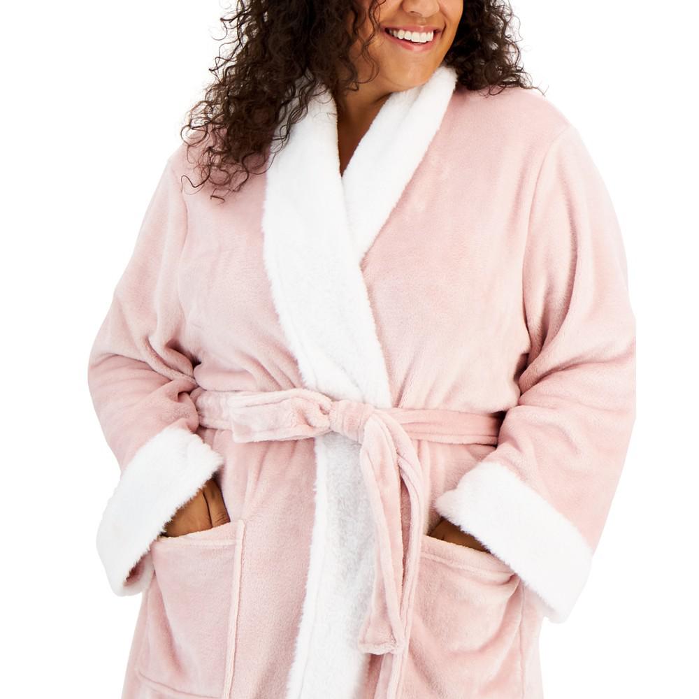Plus Size Plush Faux-Fur Trim Long Wrap Robe, Created for Macy's商品第3张图片规格展示