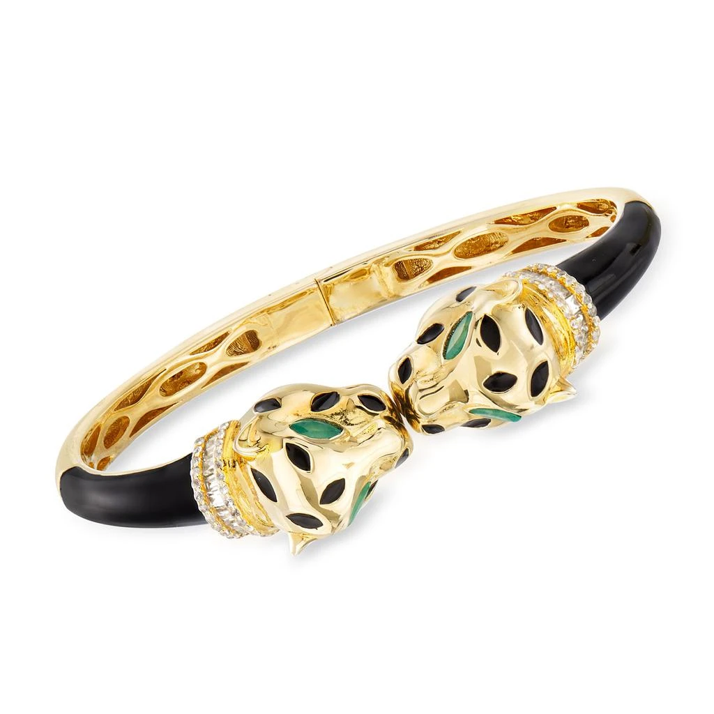 商品Ross-Simons|White Zircon and . Green Chrome Diopside Panther Bangle Bracelet in 18kt Gold Over Sterling With Black Enamel,价格¥2601,第1张图片