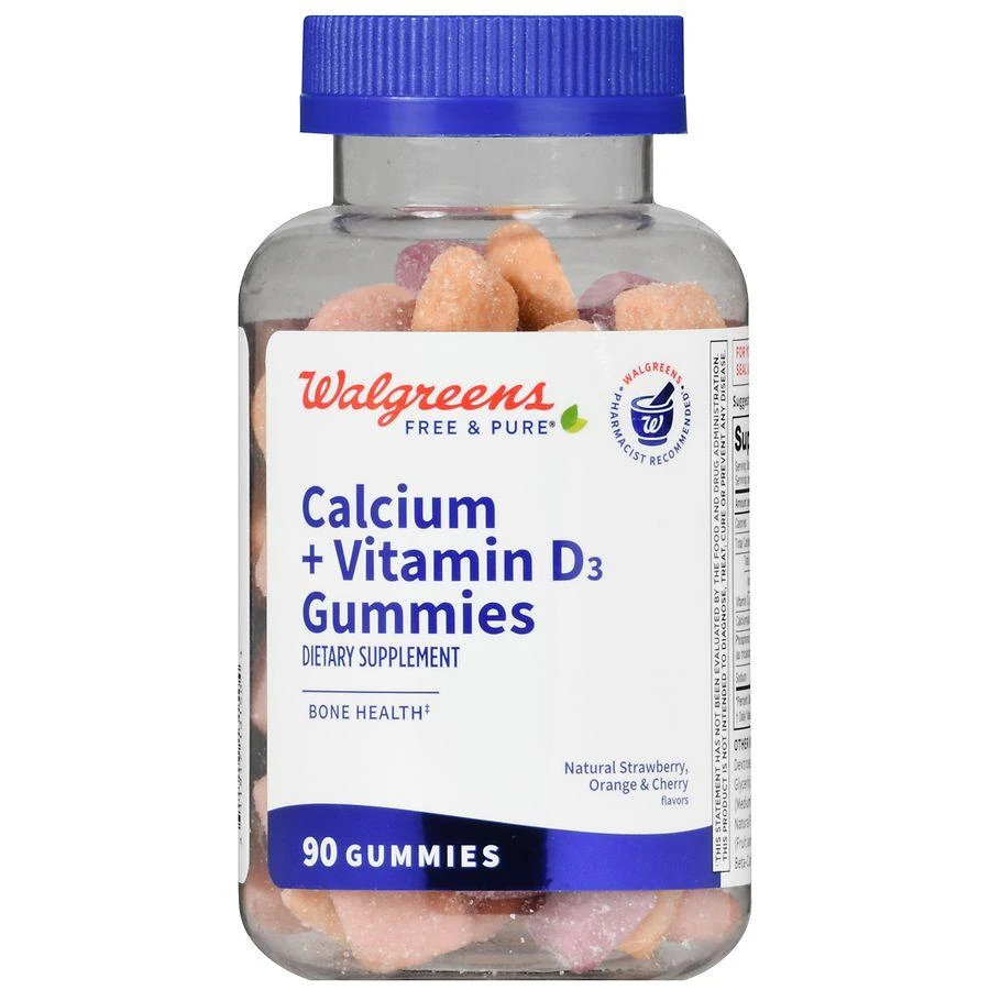 Walgreens Free & Pure Calcium + Vitamin D3 Gummies Natural Strawberry, Orange & Cherry 2