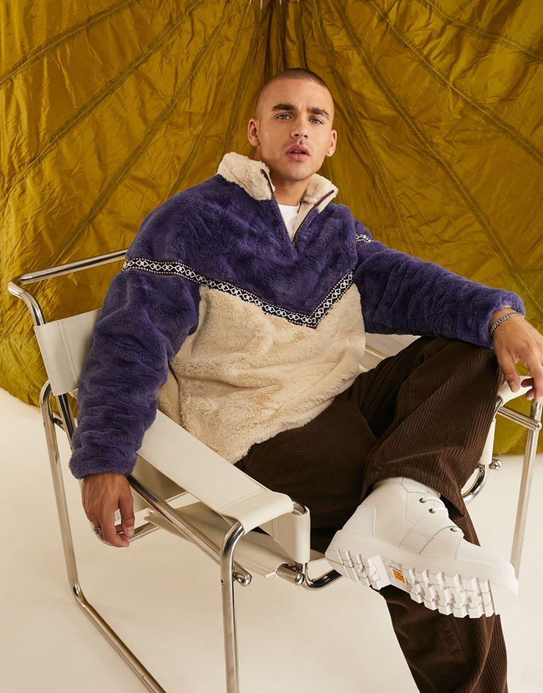 ASOS DESIGN oversized half zip faux fur sweatshirt in navy and beige with taping商品第1张图片规格展示