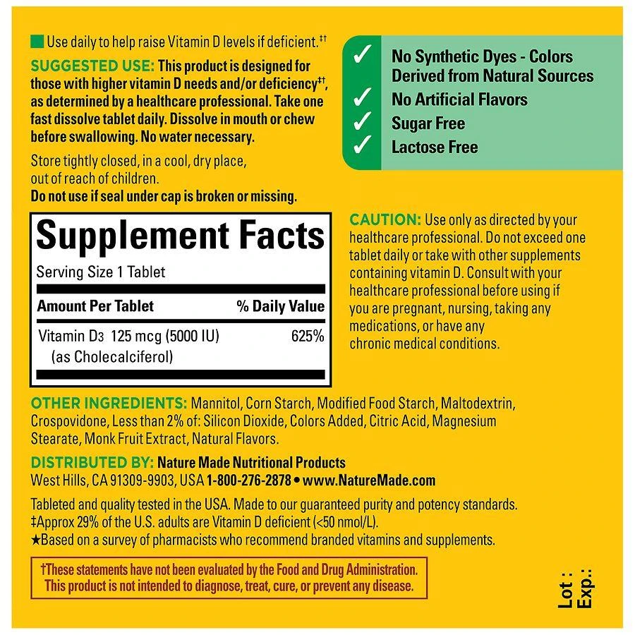 商品Nature Made|Extra Strength Vitamin D3 5000 IU Fast Dissolve Tablets 70,价格¥171,第4张图片详细描述