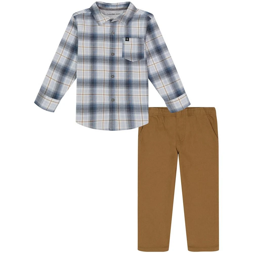 商品Calvin Klein|Little Boys Plaid Long Sleeve Button Front Shirt and Prewashed Twill Pants, 2 Piece Set,价格¥437,第1张图片