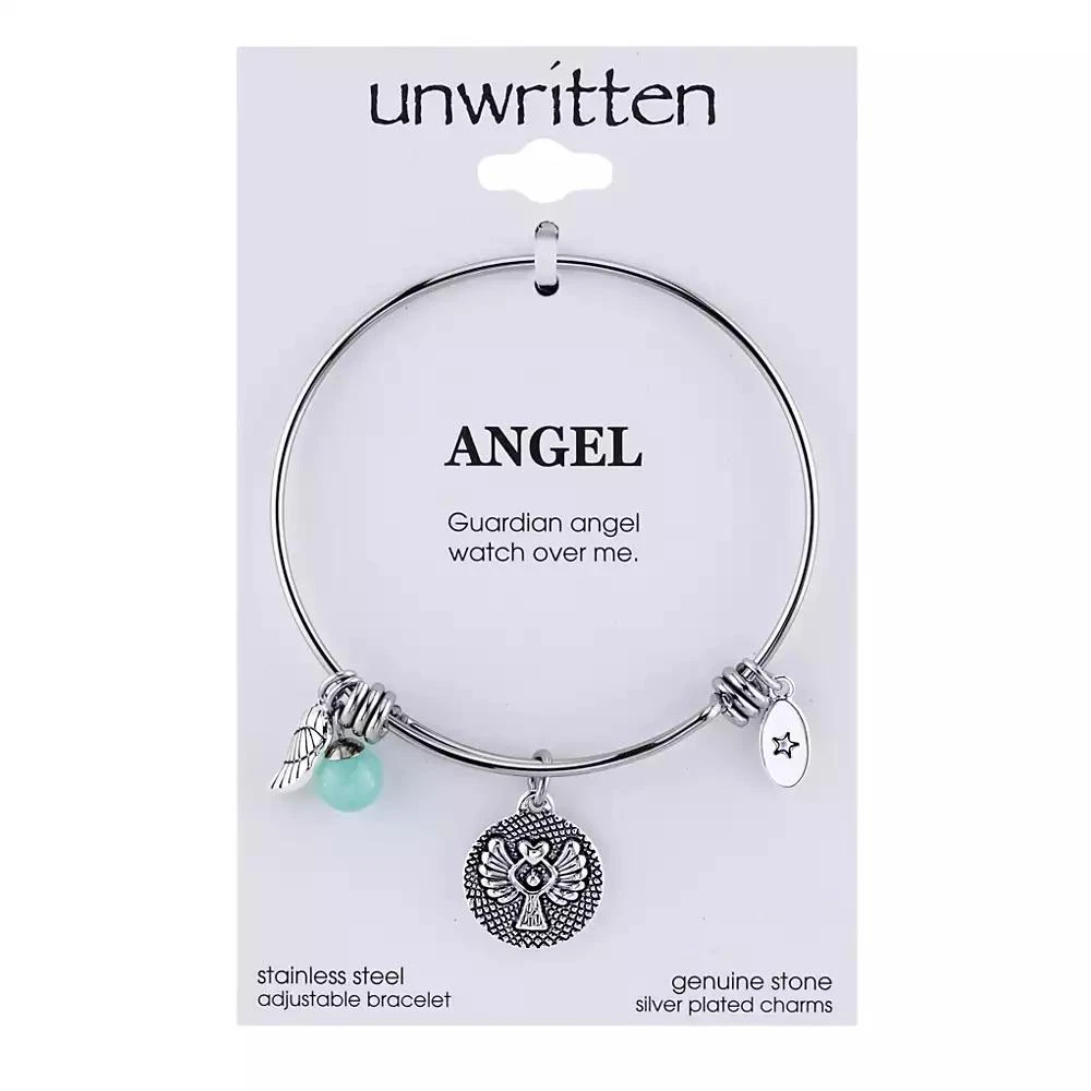 商品Unwritten|Angel Charm and Amazonite (8mm) Bangle Bracelet in Stainless Steel with Silver Plated Charms,价格¥170,第1张图片