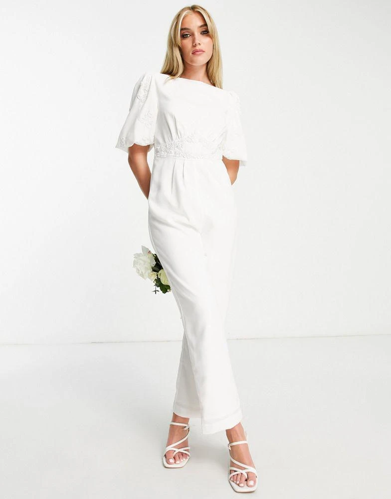 商品Hope & Ivy|Hope & Ivy Bridal puff sleeve bow back jumpsuit in ivory,价格¥652,第1张图片