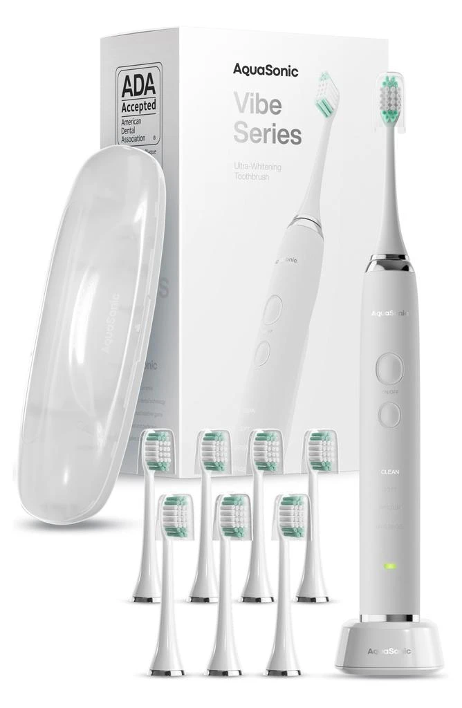 商品AquaSonic|VIBE Series White UltraSonic Whitening Toothbrush with 8 DuPont Brush Heads & Travel Case,价格¥304,第1张图片