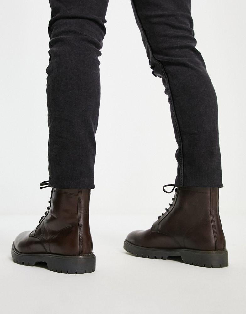 ASOS DESIGN lace up boots in brown leather with chunky sole商品第4张图片规格展示