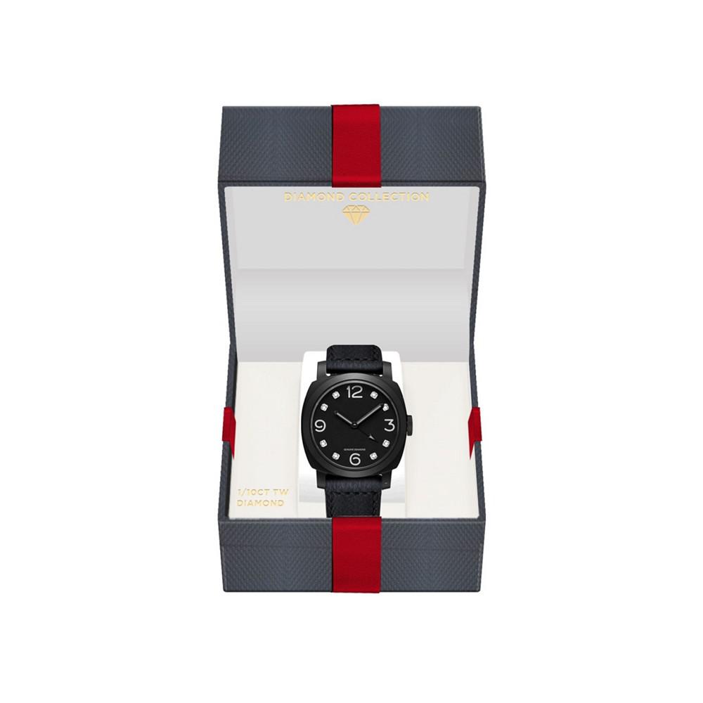 Men's Bezel Round Diamond Gold-Tone Black Leather Analog Watch商品第2张图片规格展示