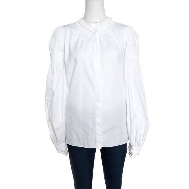 商品[二手商品] Alexander McQueen|Alexander McQueen White Ruffled Gathered Trim Detail Long Sleeve Blouse M,价格¥2014,第1张图片