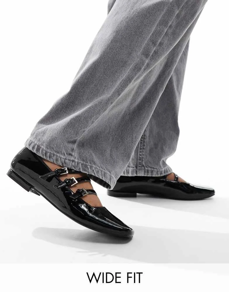 商品Public Desire Wide Fit|Public Desire Wide Fit Sherry strappy mary jane ballet flats in black patent,价格¥183,第1张图片