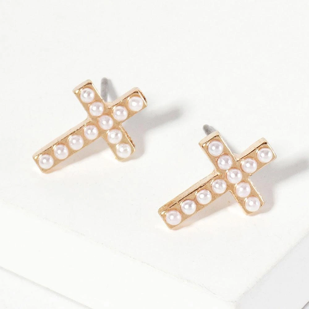 商品FASHNZFAB|Pearl Cross Stud Earrings - Gold, White,价格¥177,第1张图片详细描述