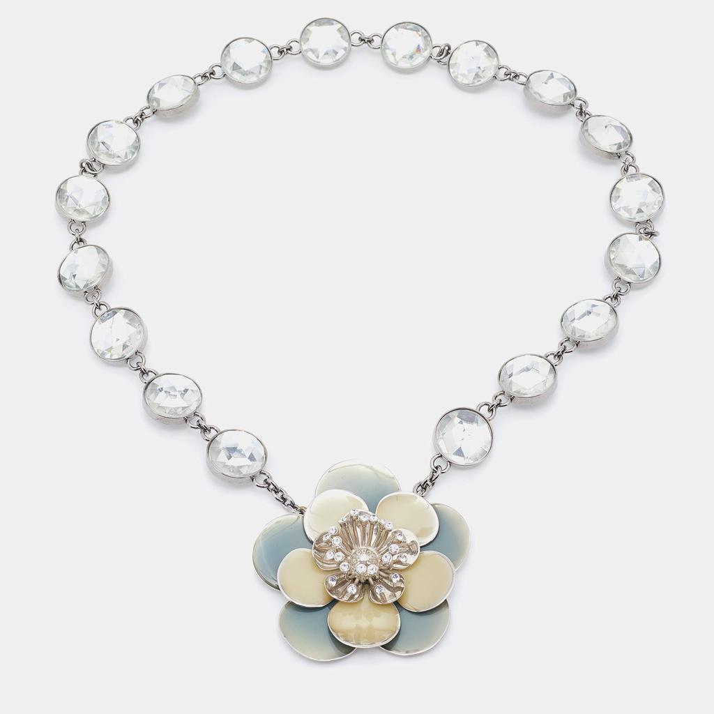 Miu Miu Silver Tone Crystal Resin Flower Pendant Necklace商品第1张图片规格展示
