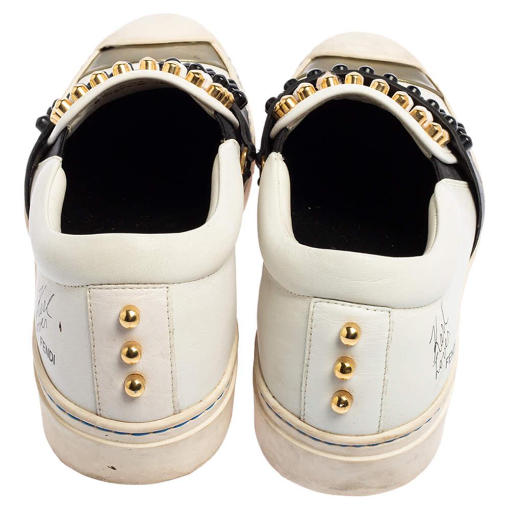 Fendi Black\White Leather Karlito Studded Low Top Sneakers Size 38商品第5张图片规格展示