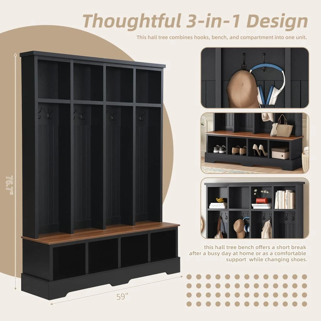 商品Streamdale Furniture|Streamdale Farmhouse Hall Tree with Bench, Coat & Shoe Rack - Black,价格¥3008,第5张图片详细描述