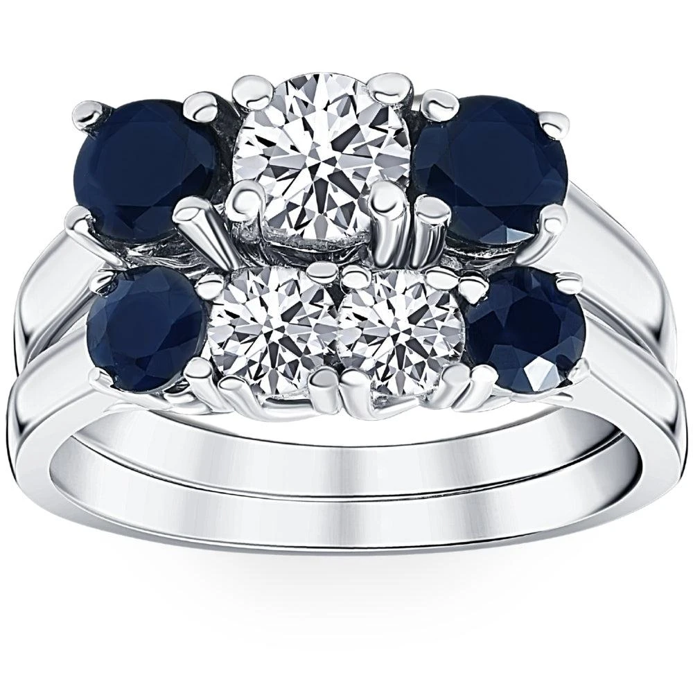 商品Pompeii3|2 3/4ct Treated Blue Sapphire & Diamond Three Stone Ring Set 14K White Gold,价格¥14299,第1张图片