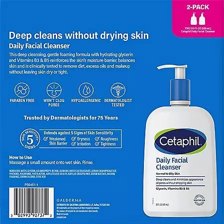 商品Cetaphil|Cetaphil Daily Facial Cleanser, 20 fl. oz., 2 pk.,价格¥185,第2张图片详细描述