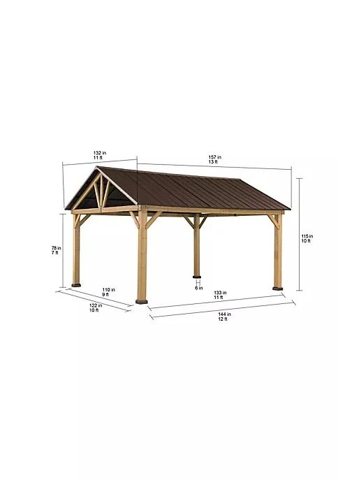 商品Sunjoy|11 Ft. X 13 Ft. Cedar Framed Gazebo With Brown Steel Gable Hard Top Roof,价格¥22038,第5张图片详细描述