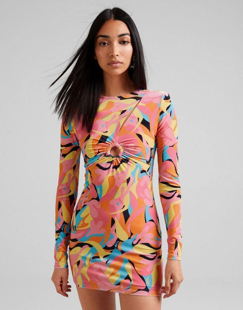 商品Bershka|Bershka velvet bright printed bodycon dress with ring detail in multi,价格¥166,第1张图片