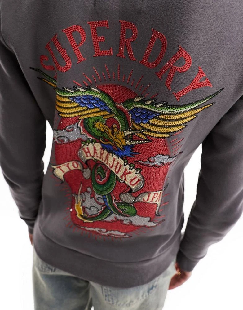 商品Superdry|Superdry tattoo rhinestone zip hoodie in Charcoal Grey,价格¥728,第3张图片详细描述