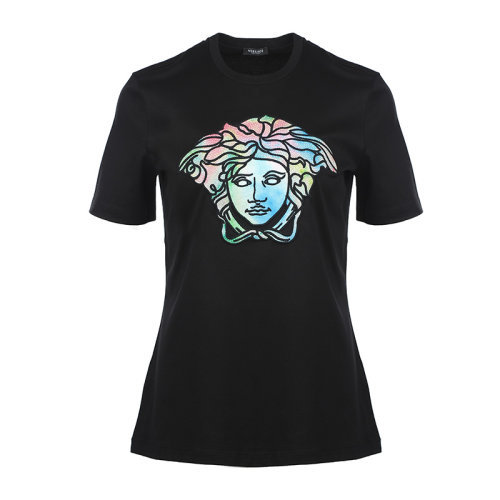 商品Versace|VERSACE 女士黑色棉质彩色美杜莎刺绣圆领短袖T恤 1004157-1A00769-1B000,价格¥3895,第1张图片